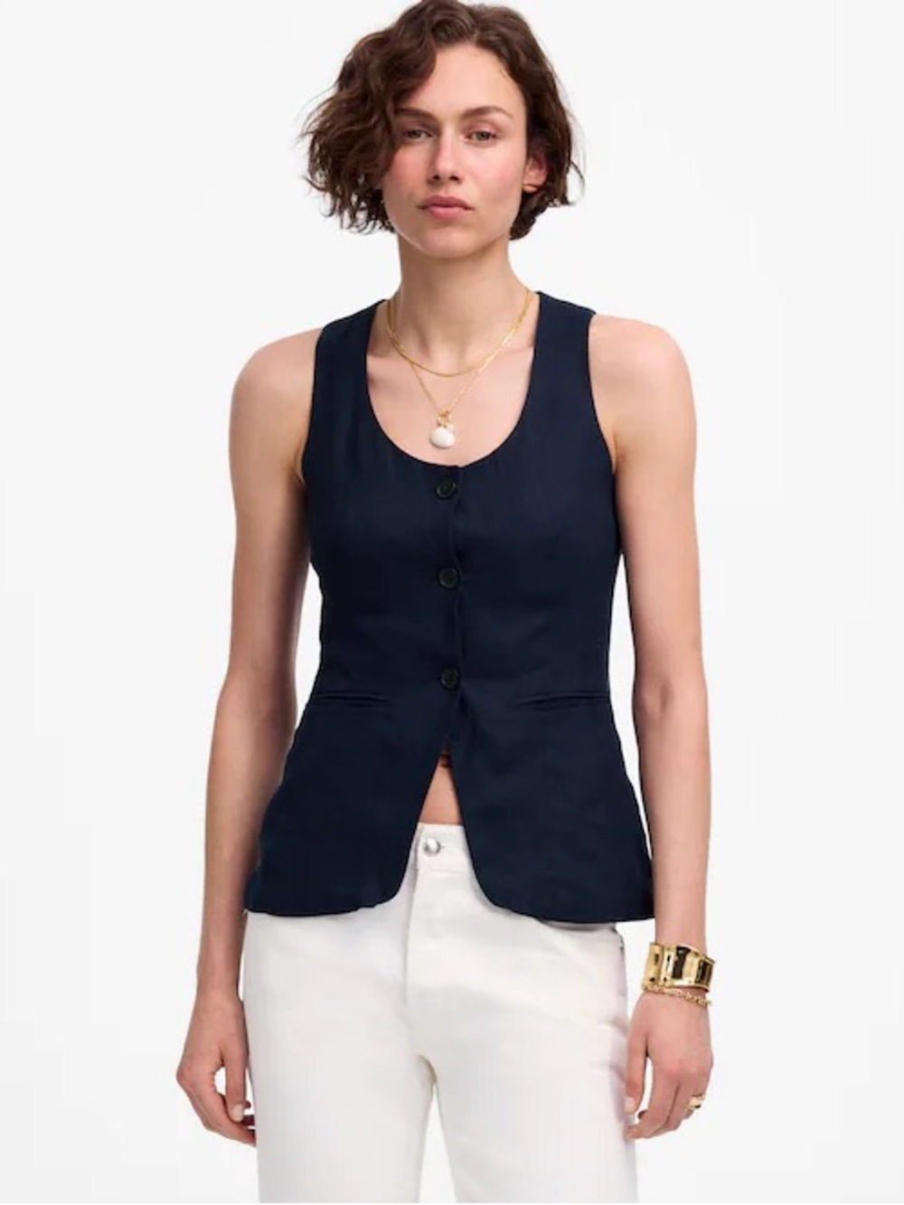 Madewell Navy Linen Scoopneck Cutaway Vest Size 6